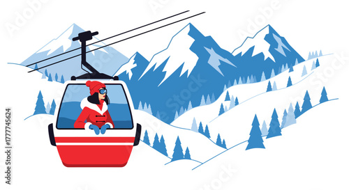 Flat vector of woman sitting inside winter cable car looking at snowy mountain landscape, serene travel adventure moment