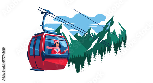 Flat vector of woman sitting inside winter cable car looking at snowy mountain landscape, serene travel adventure moment