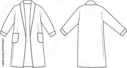 Long sleeve coat sketch, shawl collar, patch pockets, cuff detail, knee length, front and back view, technical fashion CAD, vector template