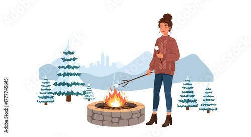 Flat vector of woman roasting marshmallows over outdoor fire pit, wrapped in warm winter sweater, enjoying cozy winter night moment
