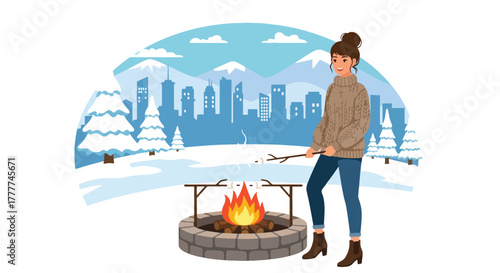 Flat vector of woman roasting marshmallows over outdoor fire pit, wrapped in warm winter sweater, enjoying cozy winter night moment
