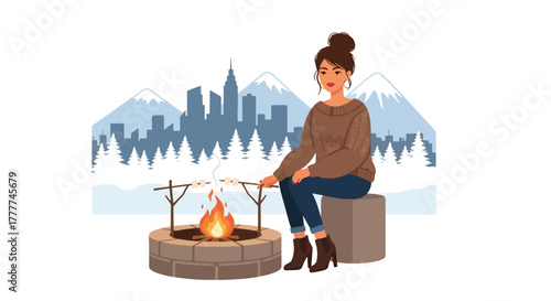 Flat vector of woman roasting marshmallows over outdoor fire pit, wrapped in warm winter sweater, enjoying cozy winter night moment