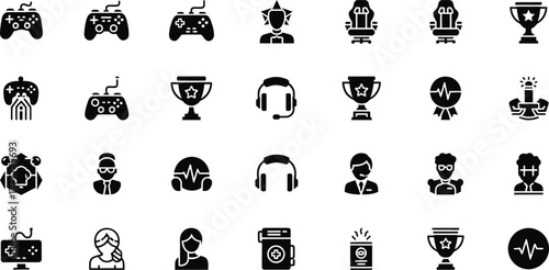 Collection of gaming icons including controllers headsets chairs trophies and avatars isolated on transparent background