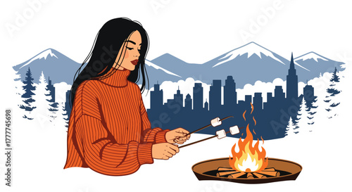 Flat vector of woman roasting marshmallows over outdoor fire pit, wrapped in warm winter sweater, enjoying cozy winter night moment