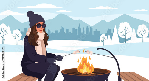 Flat vector of woman roasting marshmallows over outdoor fire pit, wrapped in warm winter sweater, enjoying cozy winter night moment