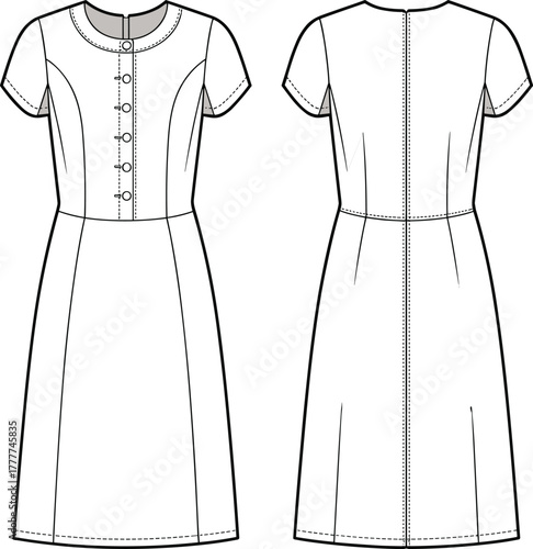 Short sleeve dress sketch, round neckline, princess seam construction, front and back view, button placket, technical fashion CAD, vector template