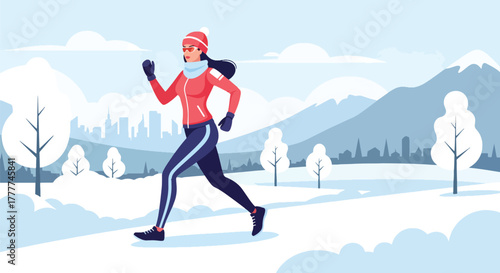 Flat vector of sporty woman running on snowy trail wearing winter fitness outfit, dynamic active lifestyle scene
