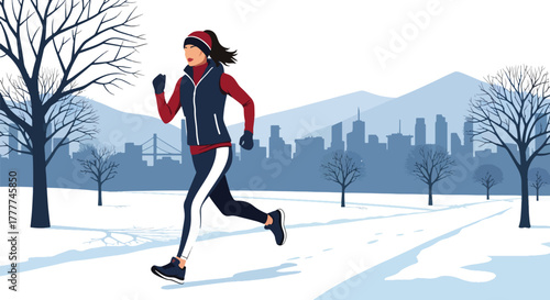 Flat vector of sporty woman running on snowy trail wearing winter fitness outfit, dynamic active lifestyle scene