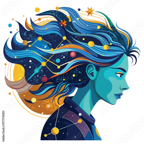 Cosmic Beauty: A woman with universe in her hair design