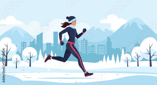 Flat vector of sporty woman running on snowy trail wearing winter fitness outfit, dynamic active lifestyle scene
