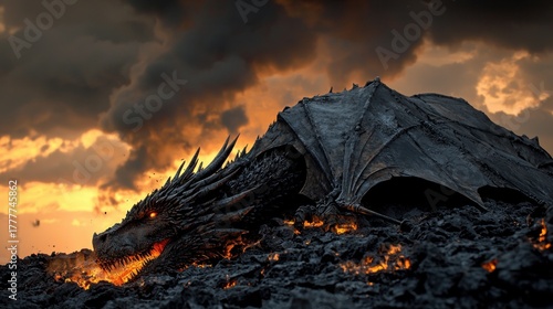 Dragon head emerges from fiery volcanic landscape at sunset