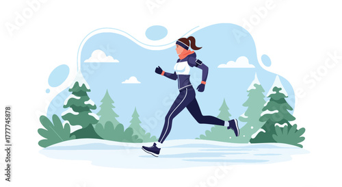 Flat vector of sporty woman running on snowy trail wearing winter fitness outfit, dynamic active lifestyle scene