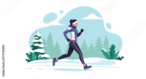 Flat vector of sporty woman running on snowy trail wearing winter fitness outfit, dynamic active lifestyle scene