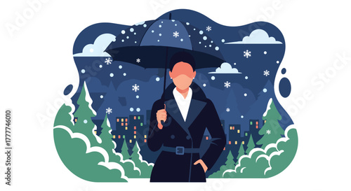 Flat vector of woman holding umbrella while snow falls in city street, calm winter night with warm street lights
