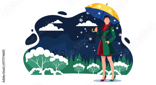 Flat vector of woman holding umbrella while snow falls in city street, calm winter night with warm street lights