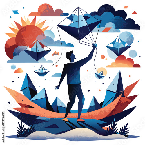 Man flying kite in dreamlike landscape with boats and sun