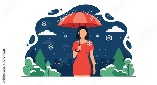 Flat vector of woman holding umbrella while snow falls in city street, calm winter night with warm street lights