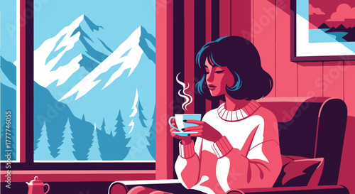 Flat vector of woman sipping tea at window looking at snowy mountains, peaceful winter retreat moment