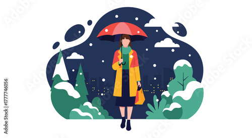Flat vector of woman holding umbrella while snow falls in city street, calm winter night with warm street lights