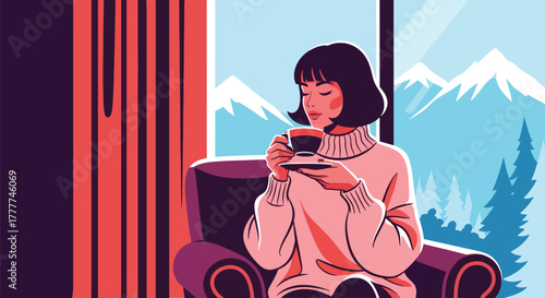 Flat vector of woman sipping tea at window looking at snowy mountains, peaceful winter retreat moment