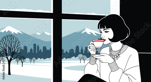 Flat vector of woman sipping tea at window looking at snowy mountains, peaceful winter retreat moment