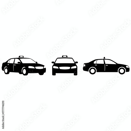 Taxi cab silhouettes vector icons set, front and side views art.