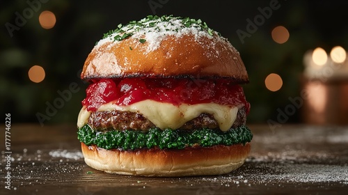 Delicious christmas burger with festive toppings and a snowy effect creating a cozy and inviting holiday scene