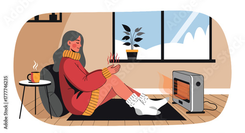 Flat vector of woman lounging indoors in oversized sweater and warm socks, near heater, calm winter comfort