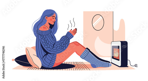 Flat vector of woman lounging indoors in oversized sweater and warm socks, near heater, calm winter comfort