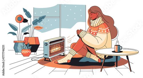 Flat vector of woman lounging indoors in oversized sweater and warm socks, near heater, calm winter comfort