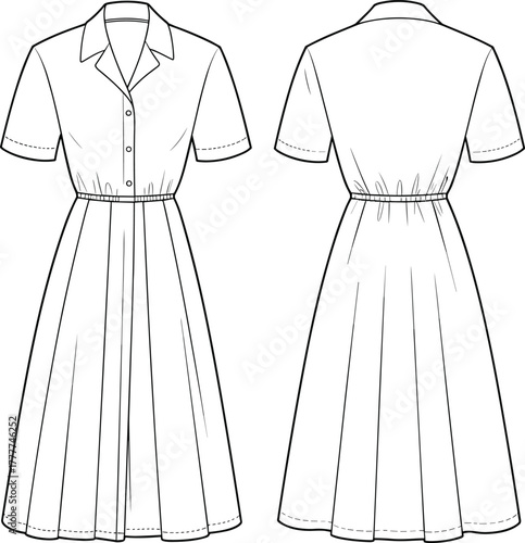 Button-down dress sketch, short sleeves, collared neckline, cinched waist, pleated skirt, front and back view, technical fashion CAD, vector template