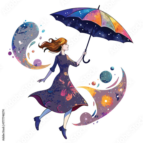 Watercolor woman with umbrella art illustration fantasy dreamy character watercolor