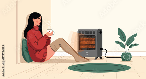 Flat vector of woman lounging indoors in oversized sweater and warm socks, near heater, calm winter comfort