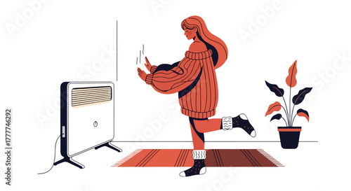 Flat vector of woman lounging indoors in oversized sweater and warm socks, near heater, calm winter comfort
