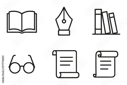 Collection of six simple line art icons representing books fountain pen eyeglasses and scrolls for education and literature concepts
