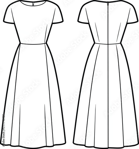Flared midi dress sketch, short sleeves, round neckline, fitted bodice, front and back view, technical fashion CAD, vector garment template