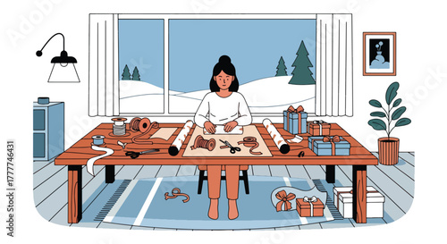 Flat vector of stylish woman wrapping gifts on large table with minimal wrapping paper and ribbons, modern winter holiday scene