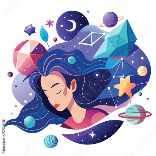 Dreamy cosmic girl with planets and stars in her hair