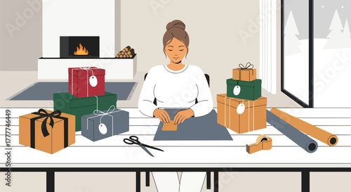 Flat vector of stylish woman wrapping gifts on large table with minimal wrapping paper and ribbons, modern winter holiday scene