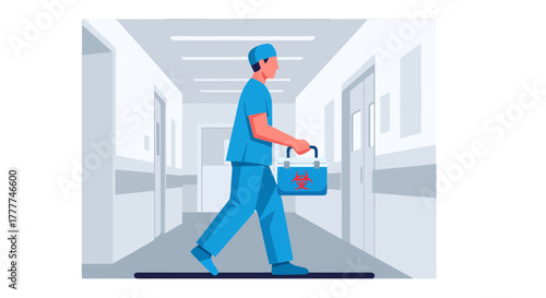 Medical Professional Traversing Hospital Corridor, Carrying Toxic Materials Safely