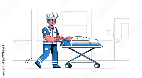 Medical Professional Transporting Patient On Stretcher Across Hospital Corridor