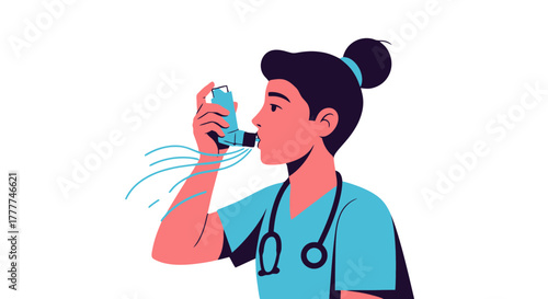 Medical Professional Using Inhaler to Treat Respiratory Problem with Black Background