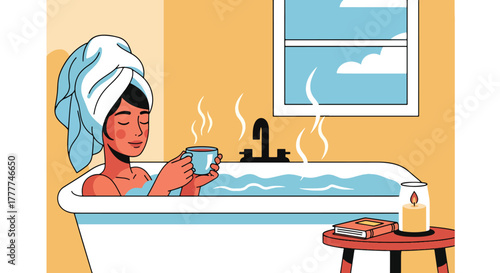 Flat vector of woman relaxing at winter hot bathub spa with towel wrap and herbal tea, minimalist calm wellness scene.