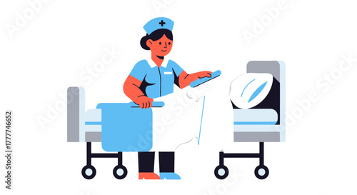 Medical Professional Wearing Uniform Tending to Patient Bed And Medical Equipment
