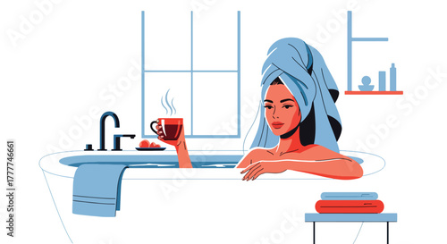Flat vector of woman relaxing at winter hot bathub spa with towel wrap and herbal tea, minimalist calm wellness scene.
