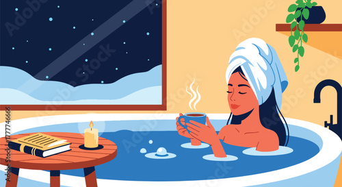 Flat vector of woman relaxing at winter hot bathub spa with towel wrap and herbal tea, minimalist calm wellness scene.