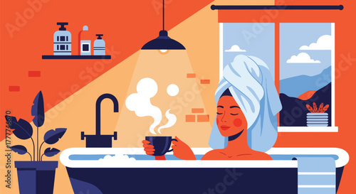 Flat vector of woman relaxing at winter hot bathub spa with towel wrap and herbal tea, minimalist calm wellness scene.