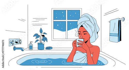 Flat vector of woman relaxing at winter hot bathub spa with towel wrap and herbal tea, minimalist calm wellness scene.