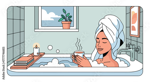 Flat vector of woman relaxing at winter hot bathub spa with towel wrap and herbal tea, minimalist calm wellness scene.