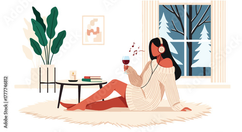 Flat vector of woman relaxing on rug with wine and headphones, winter night cozy personal time